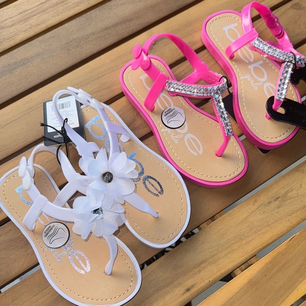🔥2 pairs Bebe Kids Sandals - Hot Pink and White Floral Sz 9/10 new
